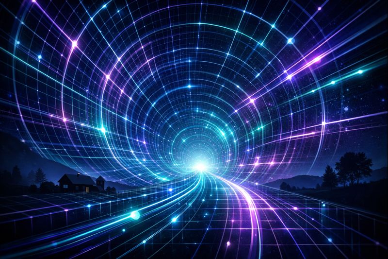 PROMPT VVV (HERO) — Contexte: ouverture d’article, impact visuel immédiat. Style: high-tech minimal unique, tunnel réseau en perspective (grille lumineuse + profondeur), ambiance nuit, tonalité bleu/violet/vert néon, léger contraste rural (silhouette maison/campagne très subtile), sensation 'atelier souverain' + 'réseau mondial'. Éléments: câbles/tunnels abstraits, points de nœuds, flux. Contraintes: pas de texte dans l’image, pas de logos, composition premium, propre, futuriste mais artisanal. Format: 4:3 ou 16:12.